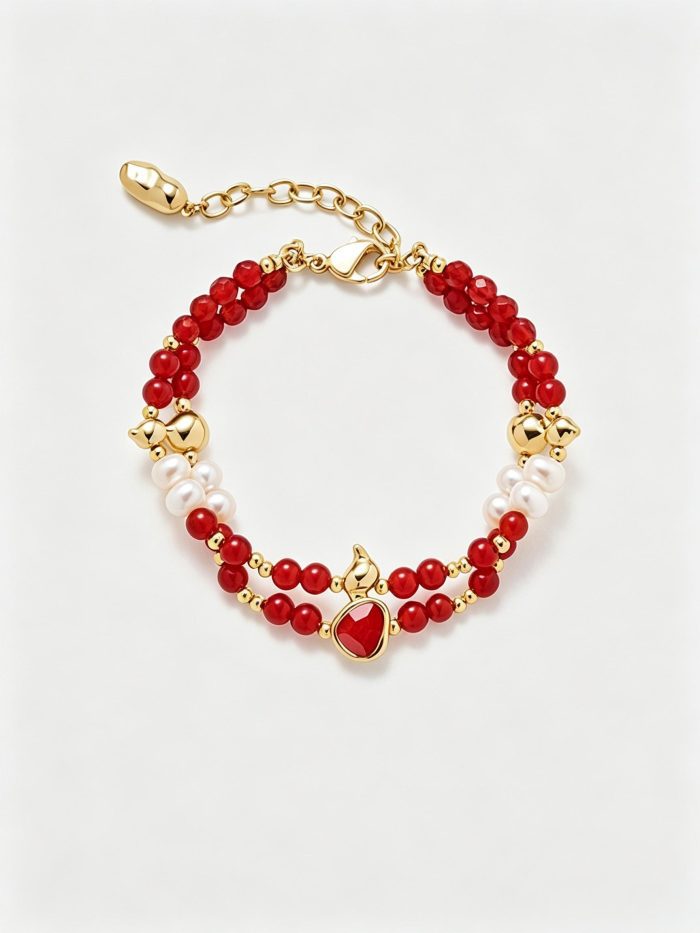 Talette double‑layer Hulu‑gourd bracelet with natural red agate and pearls, made of 14K gold‑plated alloy. This oriental‑style bracelet brings fortune, adjustable chain for daily‑wear or gifting.
